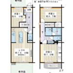 鉄筋コンクリート造2階建。83.82㎡の3LDK。戸建て感覚の専用庭付きテラスハウス。 (間取)